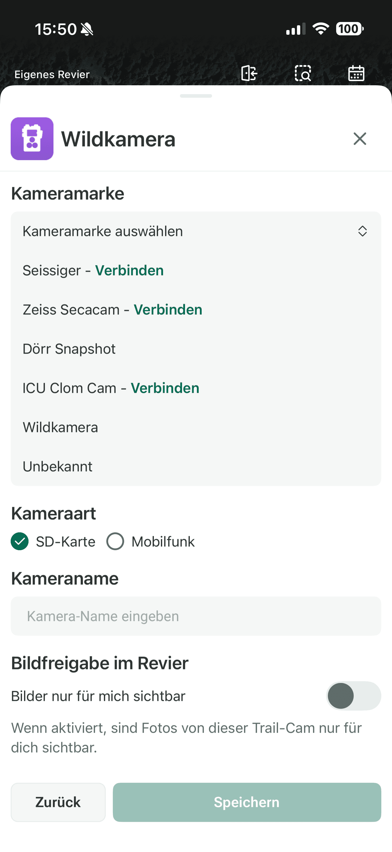 Wildkamera-Einrichtung in der Jagdgefährte App