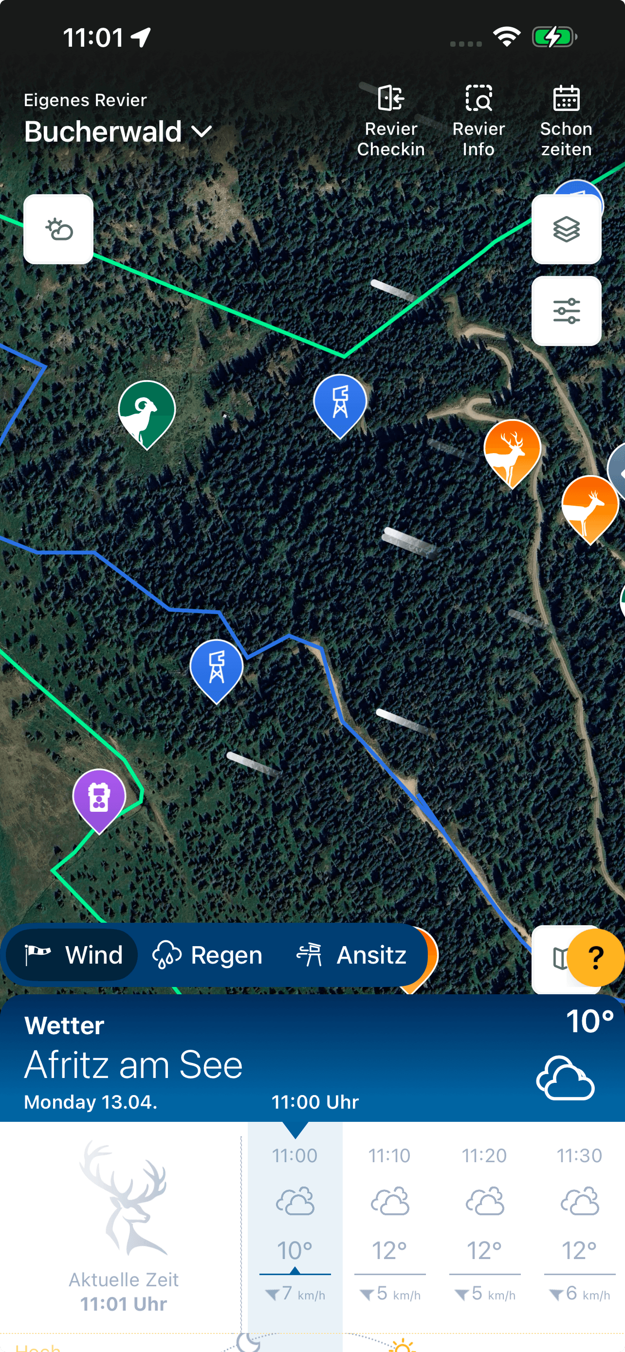 Jagdgefährte App mit Wetter und Revierkarte
