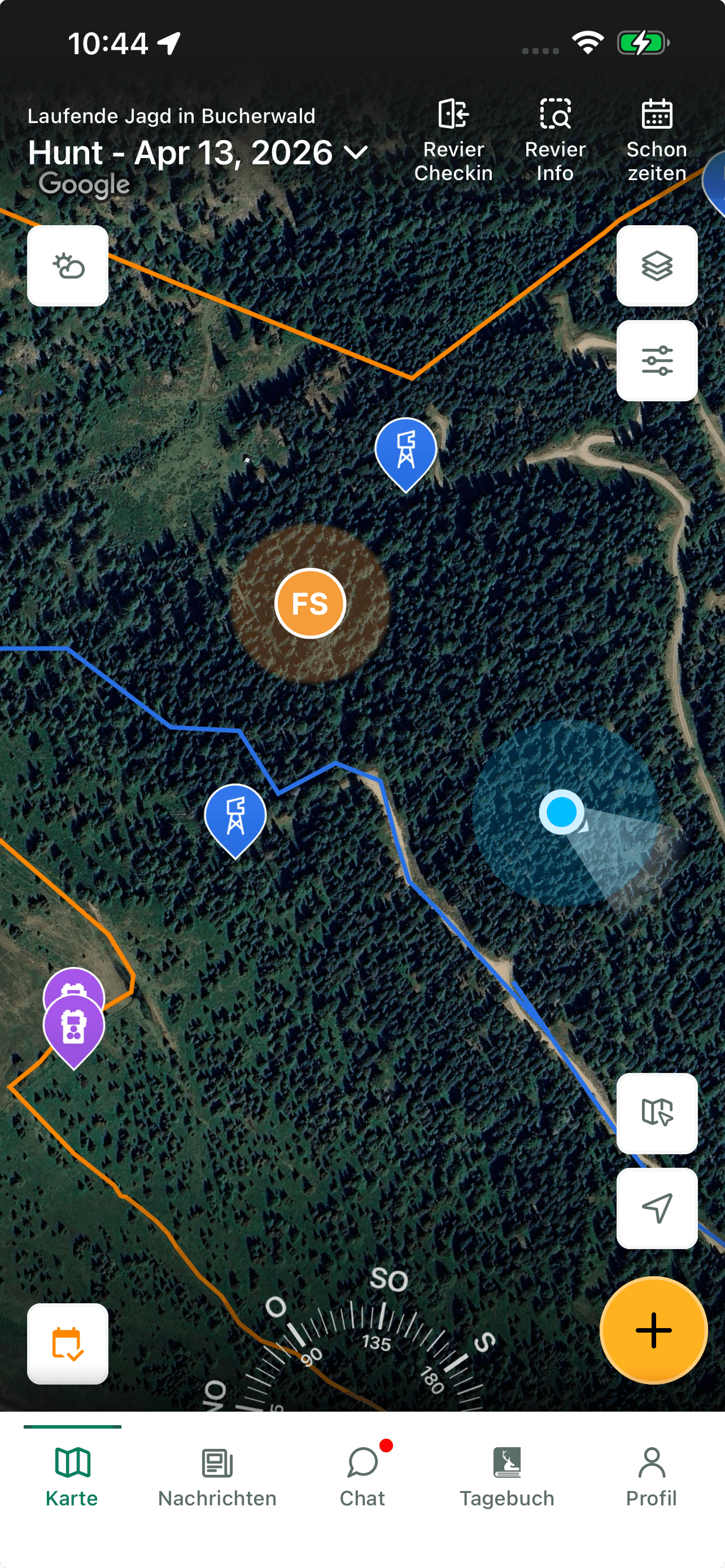 Jagdgefährte App mit laufender Jagd und Gruppenpositionen