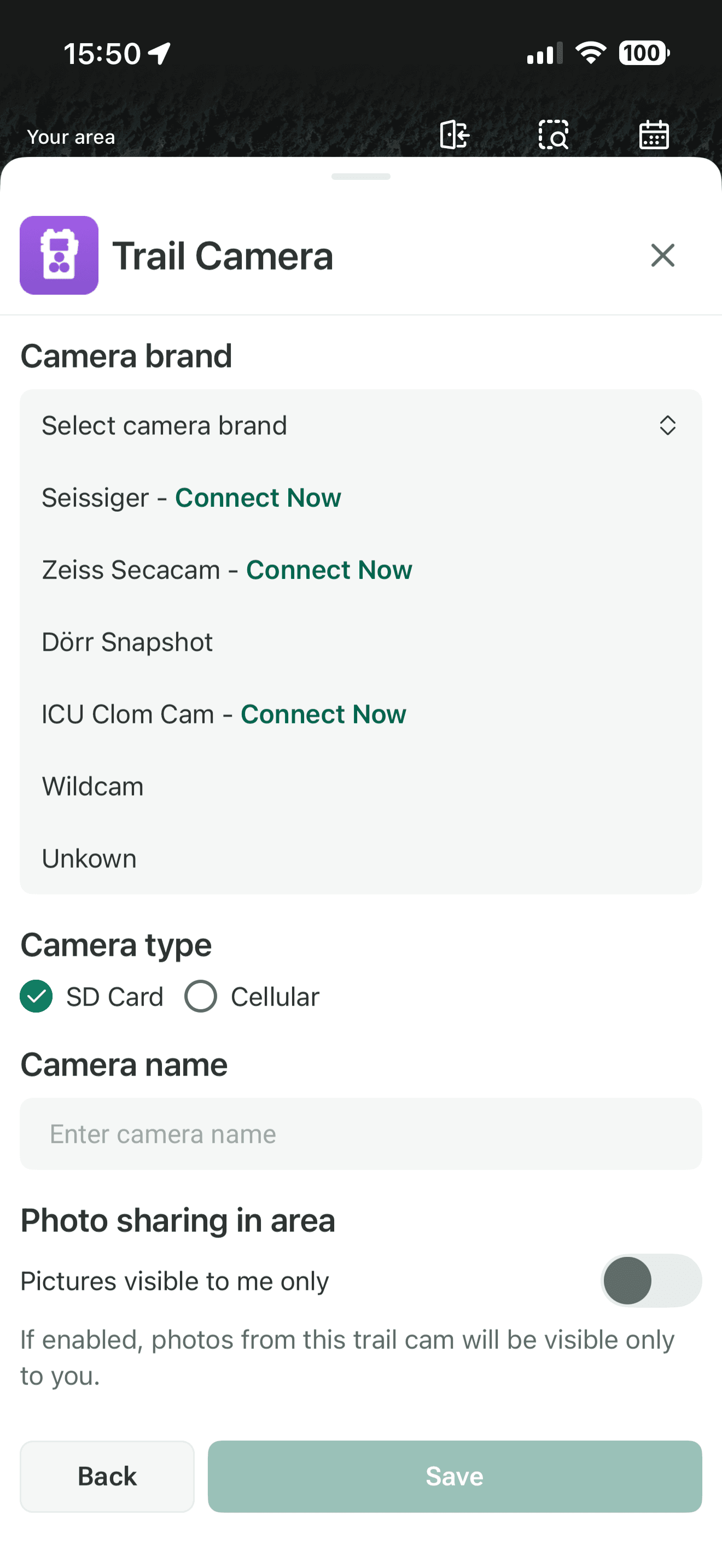 Trail camera setup in the MyHunt app