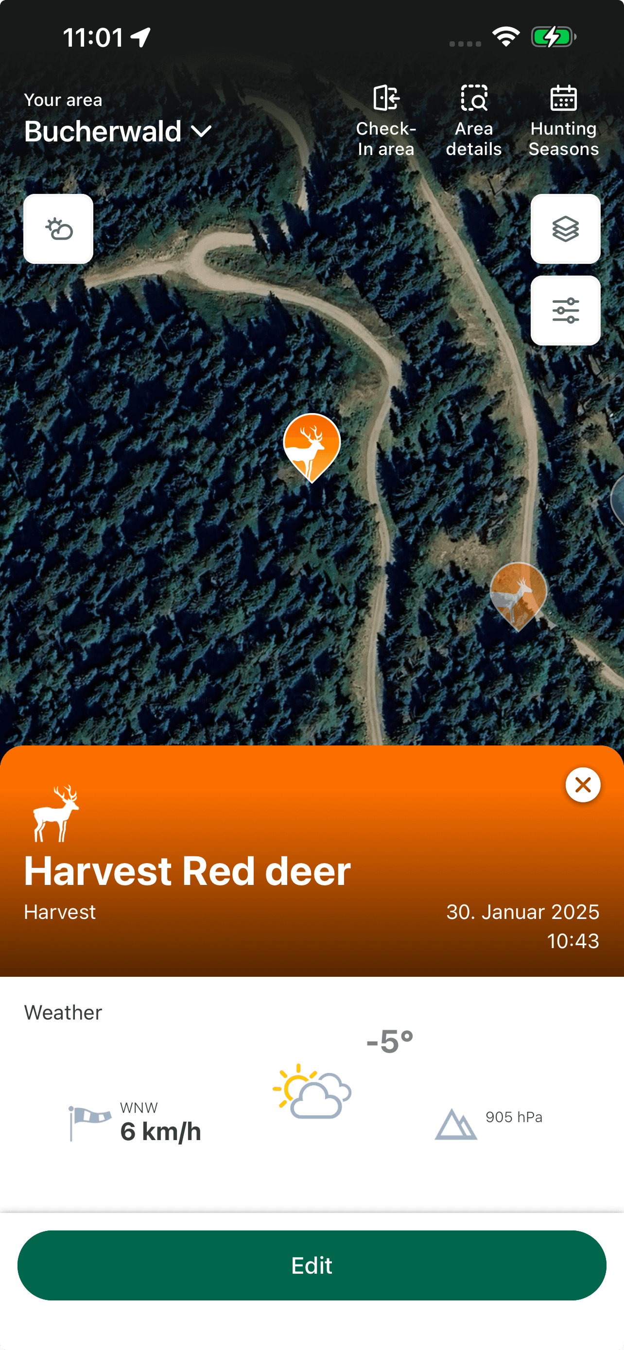 MyHunt app showing a red deer harvest record