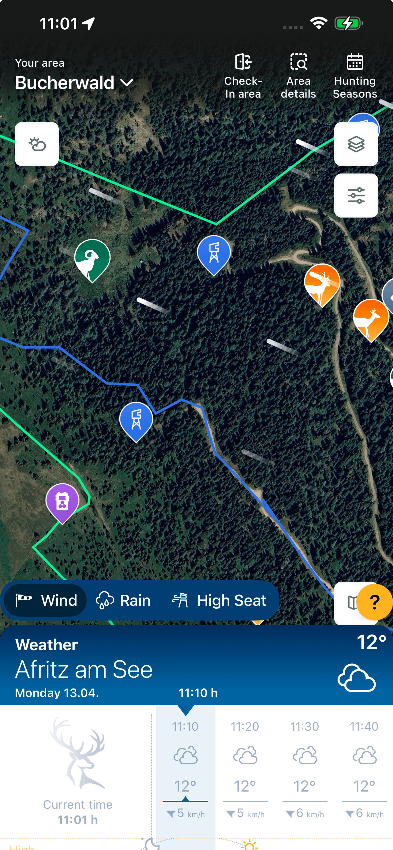 MyHunt app showing weather and area map