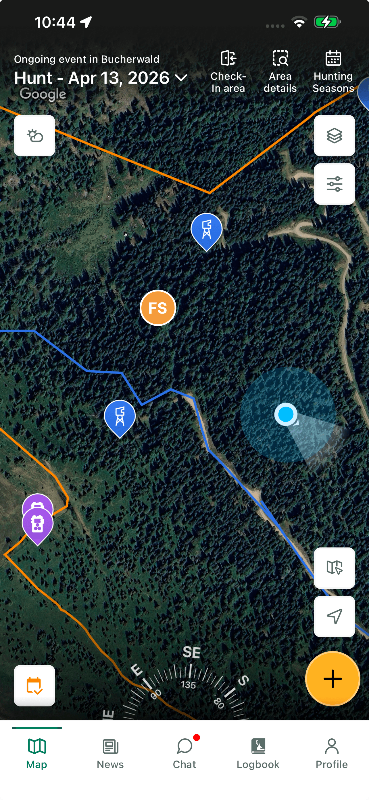 MyHunt app showing live hunt event with team positions
