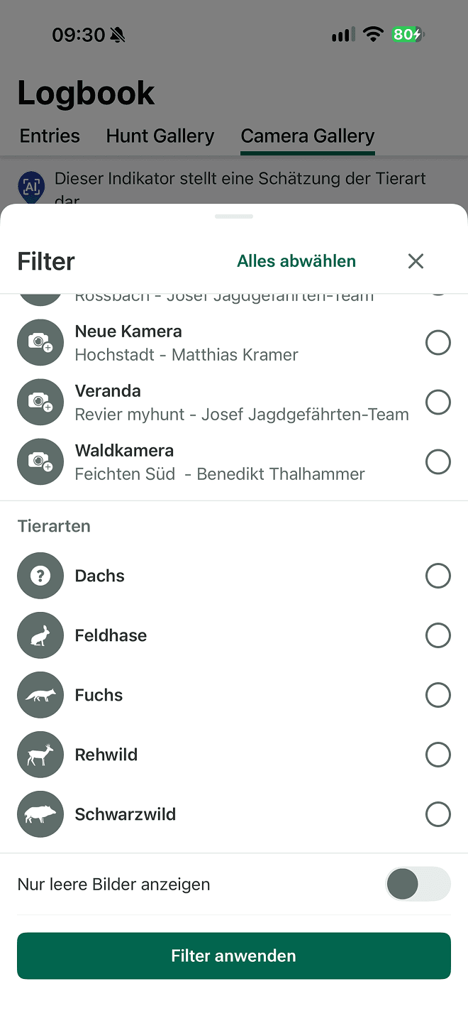 Filteransicht der Jagdgefährte App mit einer Liste von Tierarten zum Filtern der Kameragalerie
