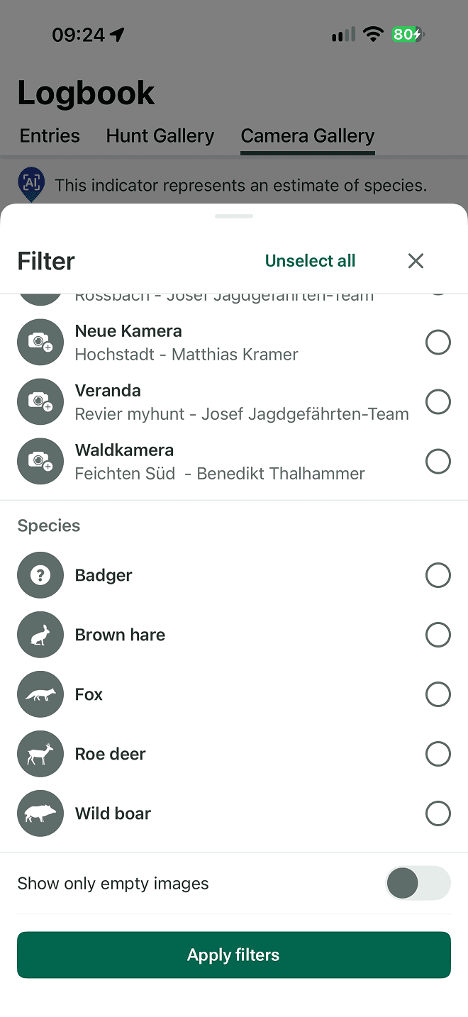 Vista de filtros de la app MyHunt con una lista de especies animales