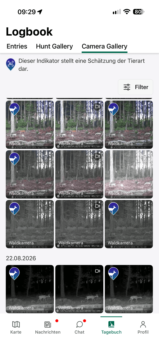 Kameragalerie der Jagdgefährte App, die nur Bilder mit erkannten Tieren zeigt, jeweils mit Tierart-Markierung